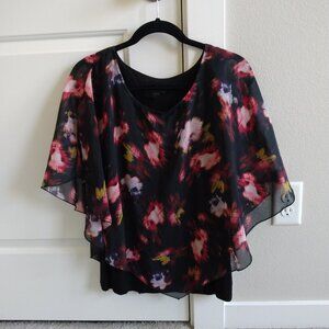 AB Studio Women's Black Floral Layered Top Blouse Size L